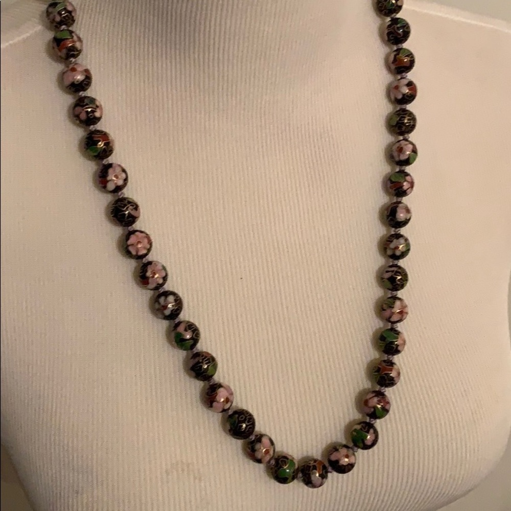 Black Chinese Cloisonné Bead Drop Necklace